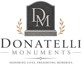 Donatelli Monuments logo with DM emblem, laurel branches, and tagline “Honoring lives, preserving memories.”