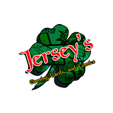 Logo for Jersey's Gaming, Cards, and Comics: green four-leaf clover with 