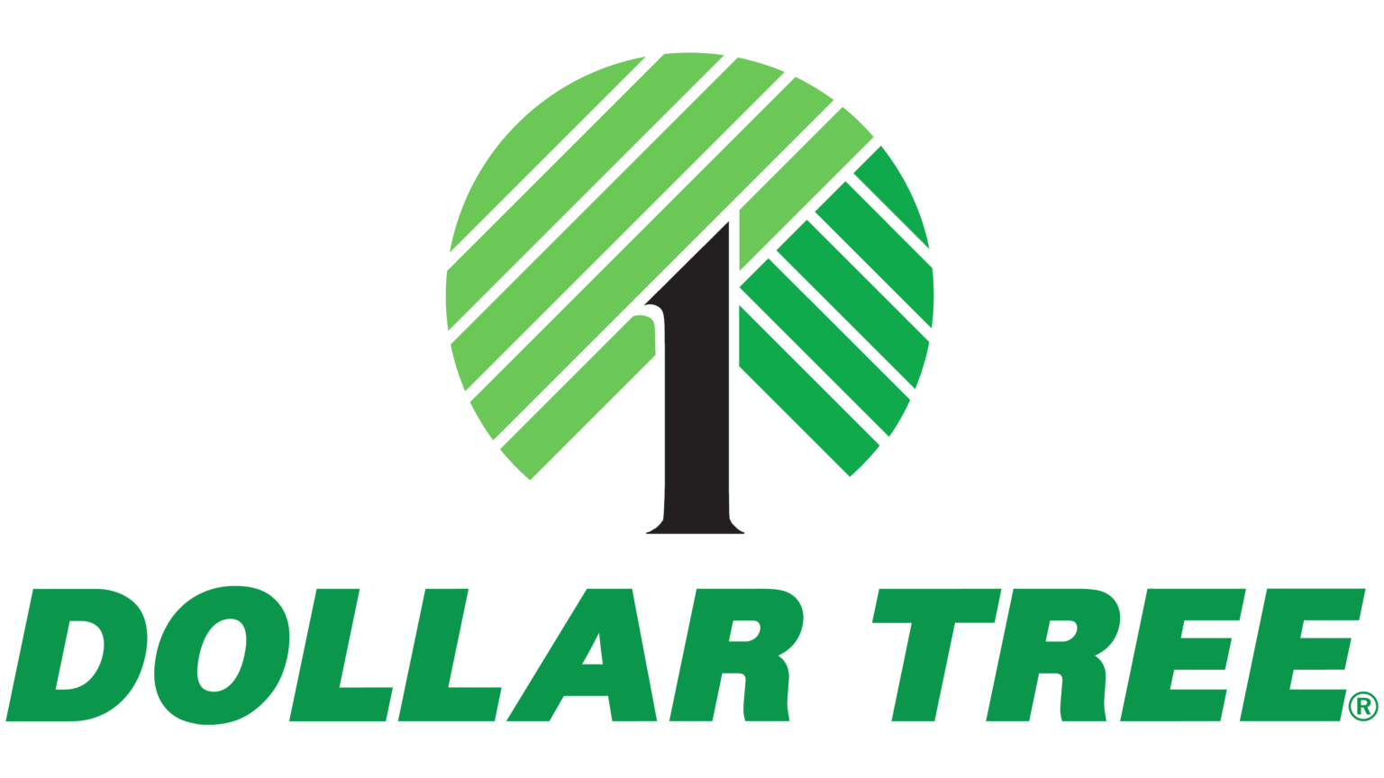 Dollar Tree logo: a green tree shape, black numeral 1, green text 