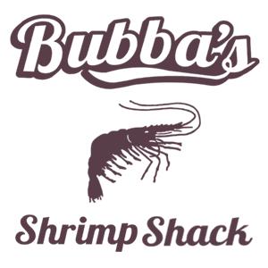 Bubba's Shrimp Shack logo: Text above a shrimp illustration. Text says 