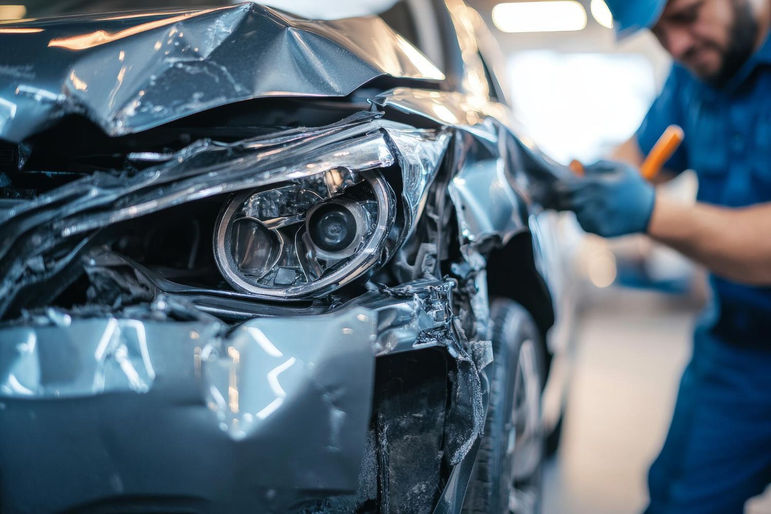 Car wrapped in crumpled gray protective film while a mechanic inspects the front headlight in a garage