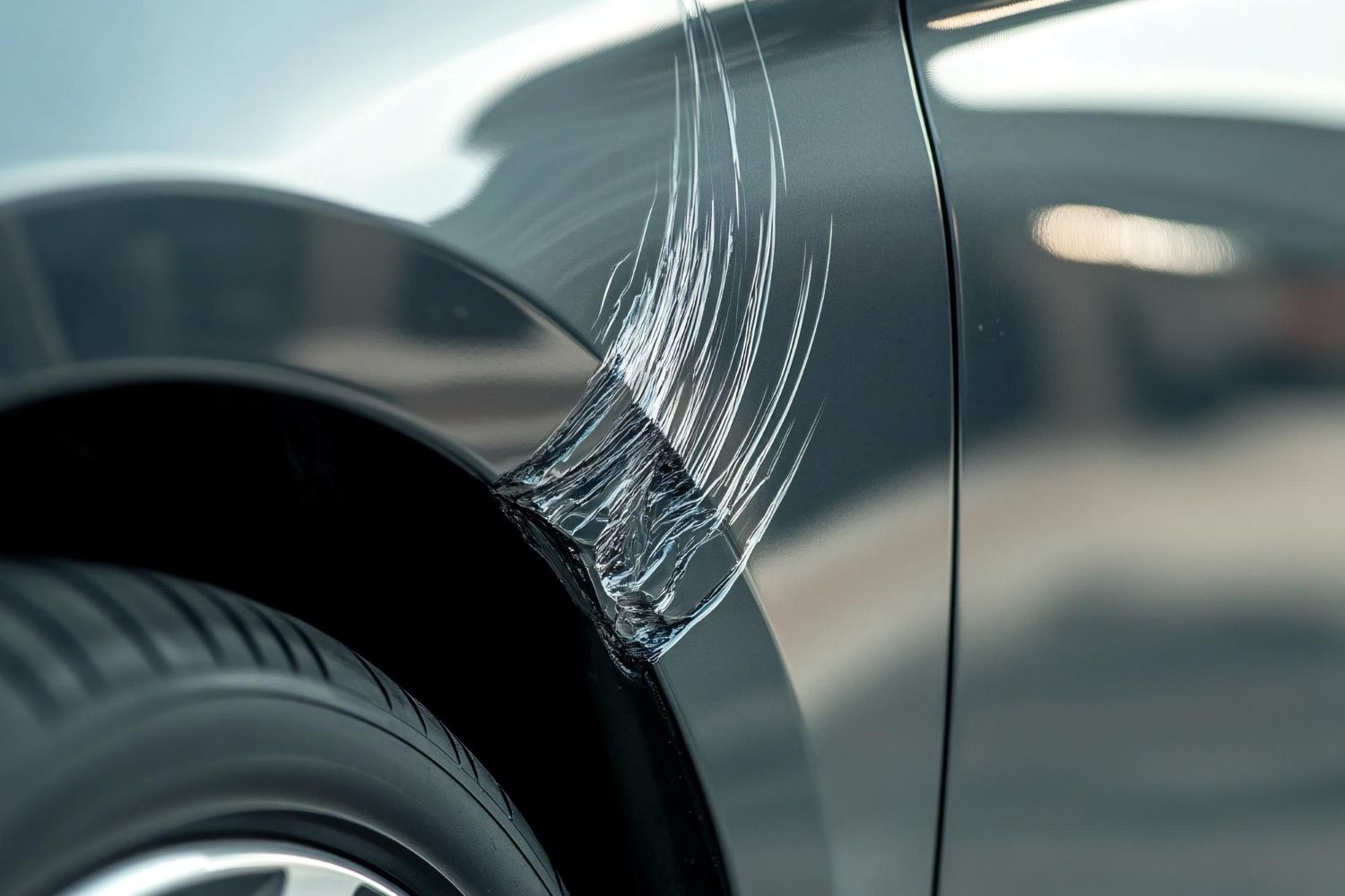 Scratched dark gray car panel near wheel; damage from a collision.