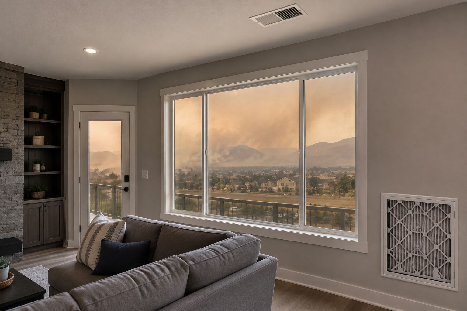 Living room with large window, gray sofa, and mountain sunset view