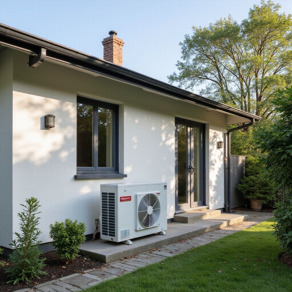 De buitenkant van een wit huis met een aan de muur gemonteerde airconditioningunit naast een raam en een openslaande deur naar het terras, met uitzicht op een gazon.