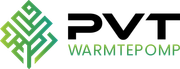PVT Warmtepomp-logo met groen geometrisch embleem en zwartgroene tekst op een witte achtergrond.