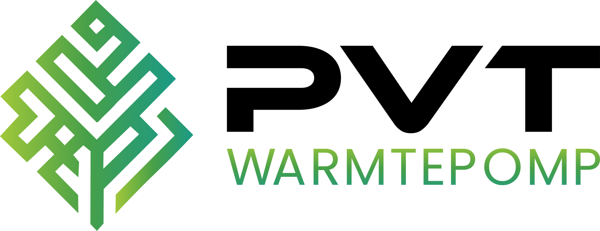 PVT Warmtepomp-logo met groen geometrisch embleem en zwartgroene tekst op een witte achtergrond.