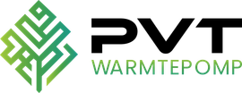 PVT Warmtepomp-logo met groen geometrisch embleem en zwartgroene tekst op een witte achtergrond.
