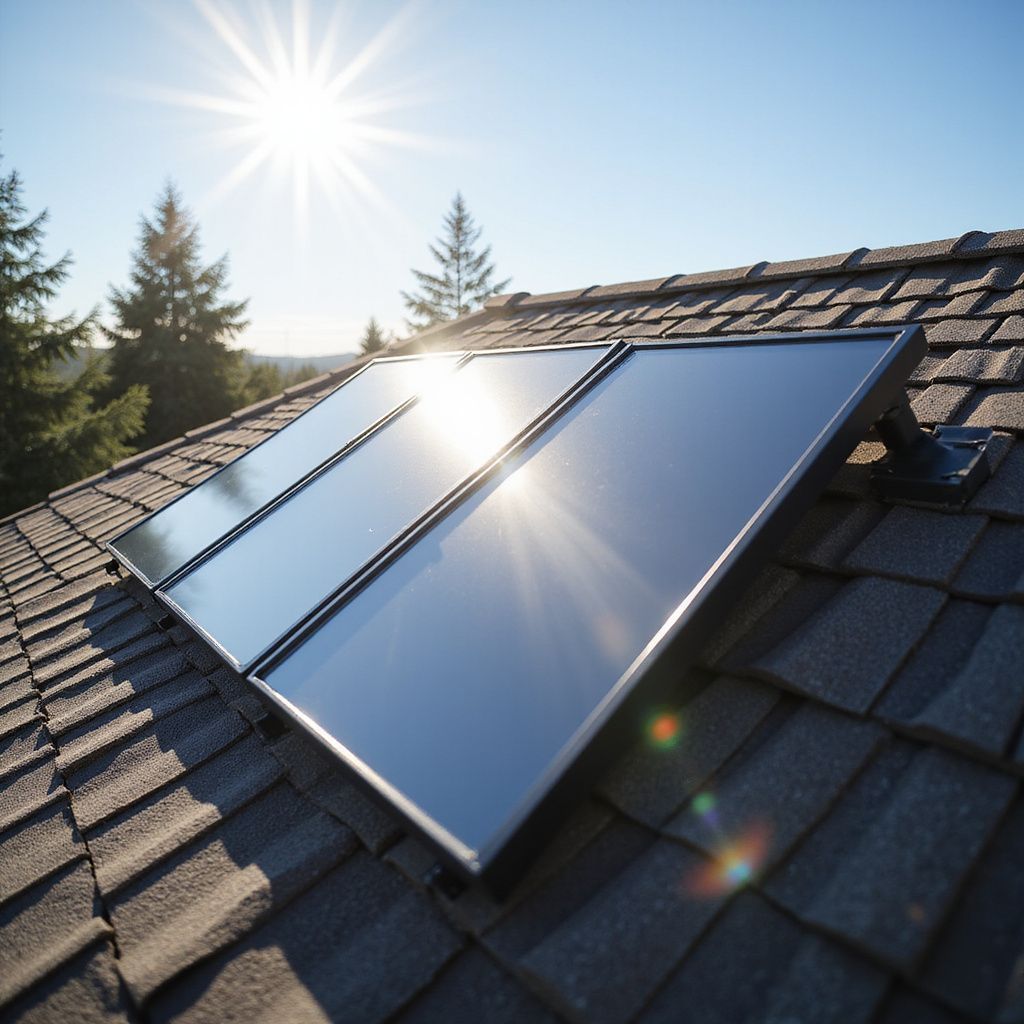 Zonnepanelen geïnstalleerd op een dak, die zonlicht opvangen op een heldere, zonnige dag.