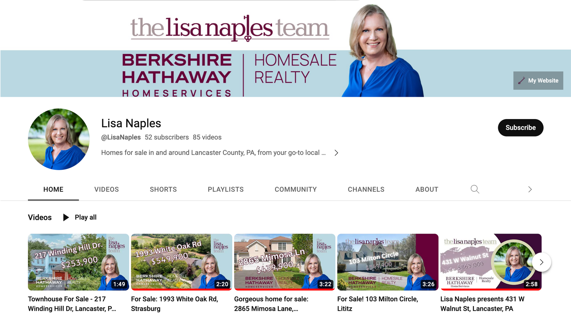 Lisa Naples Youtube Channel Lisa Naples' YouTube channel, a real estate agent, with real estate video thumbnails.