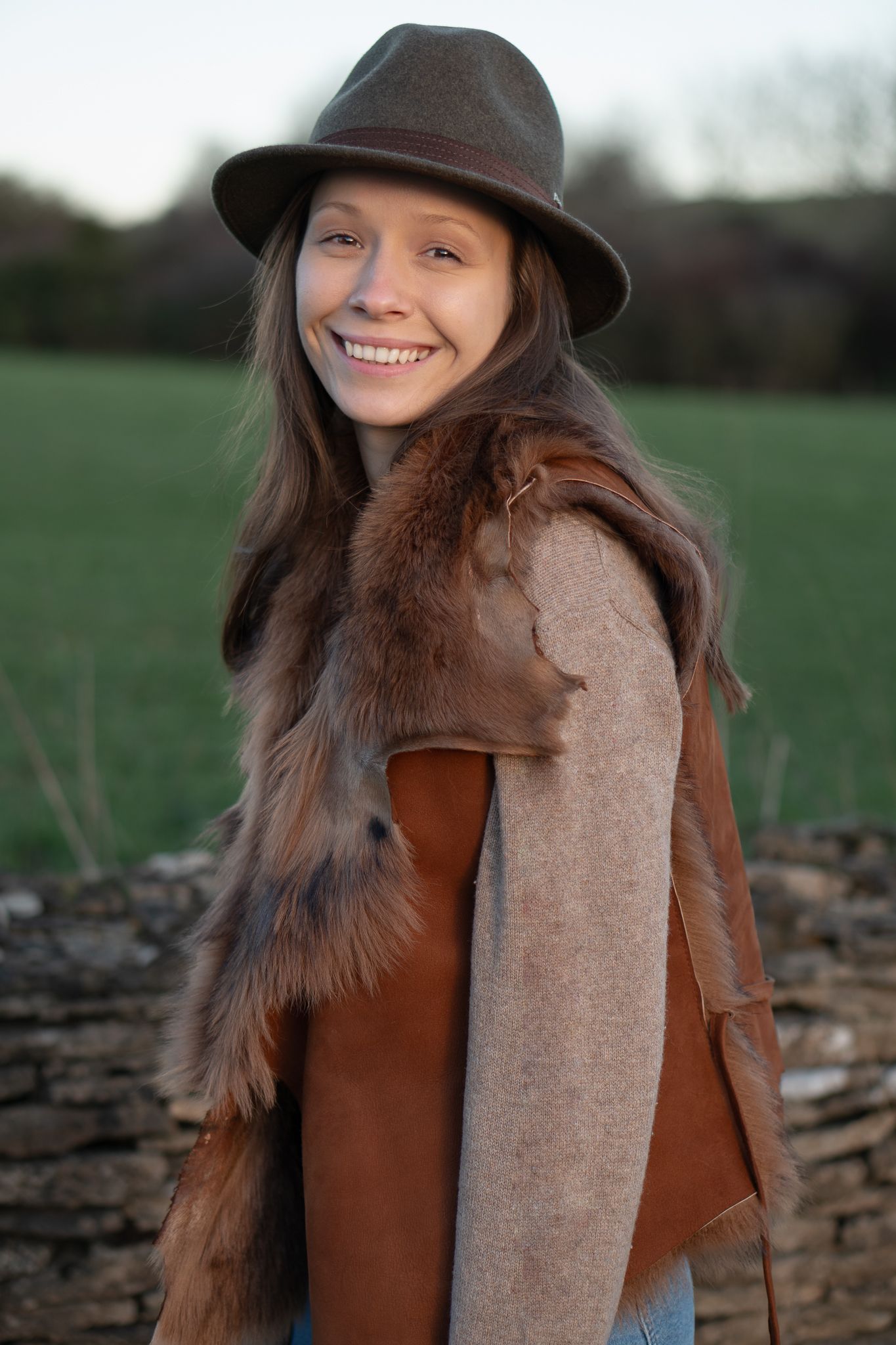 Women's brown wool felt hat styled in the Cotswolds