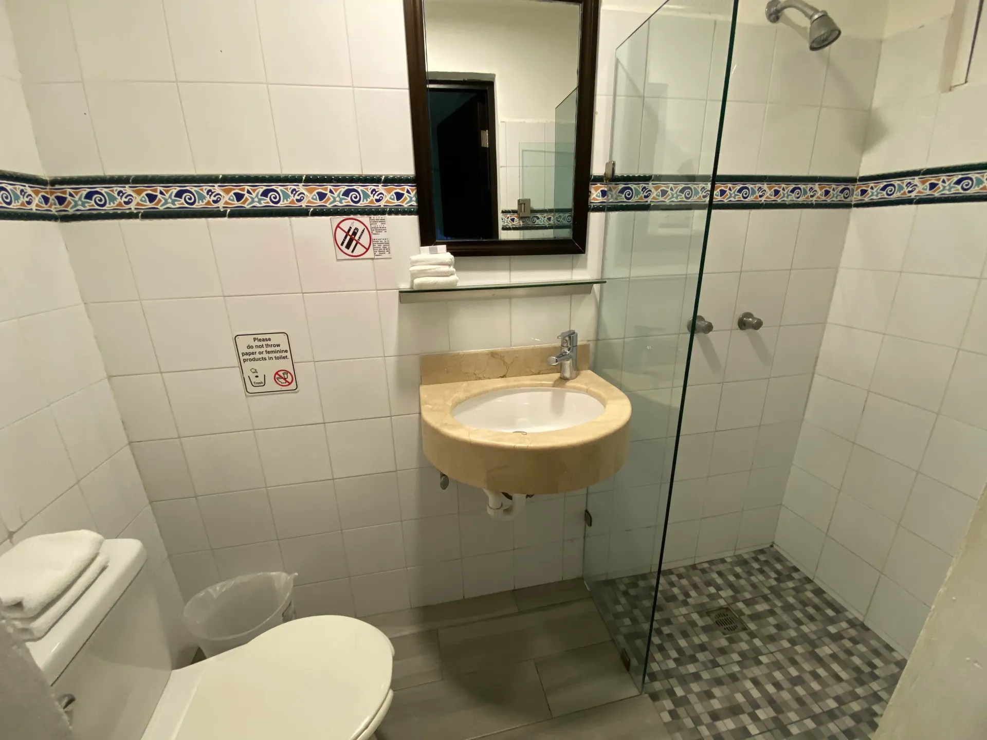 Baño pequeño con azulejos, inodoro, lavabo mural, espejo y cabina de ducha de cristal con suelo de mosaico.