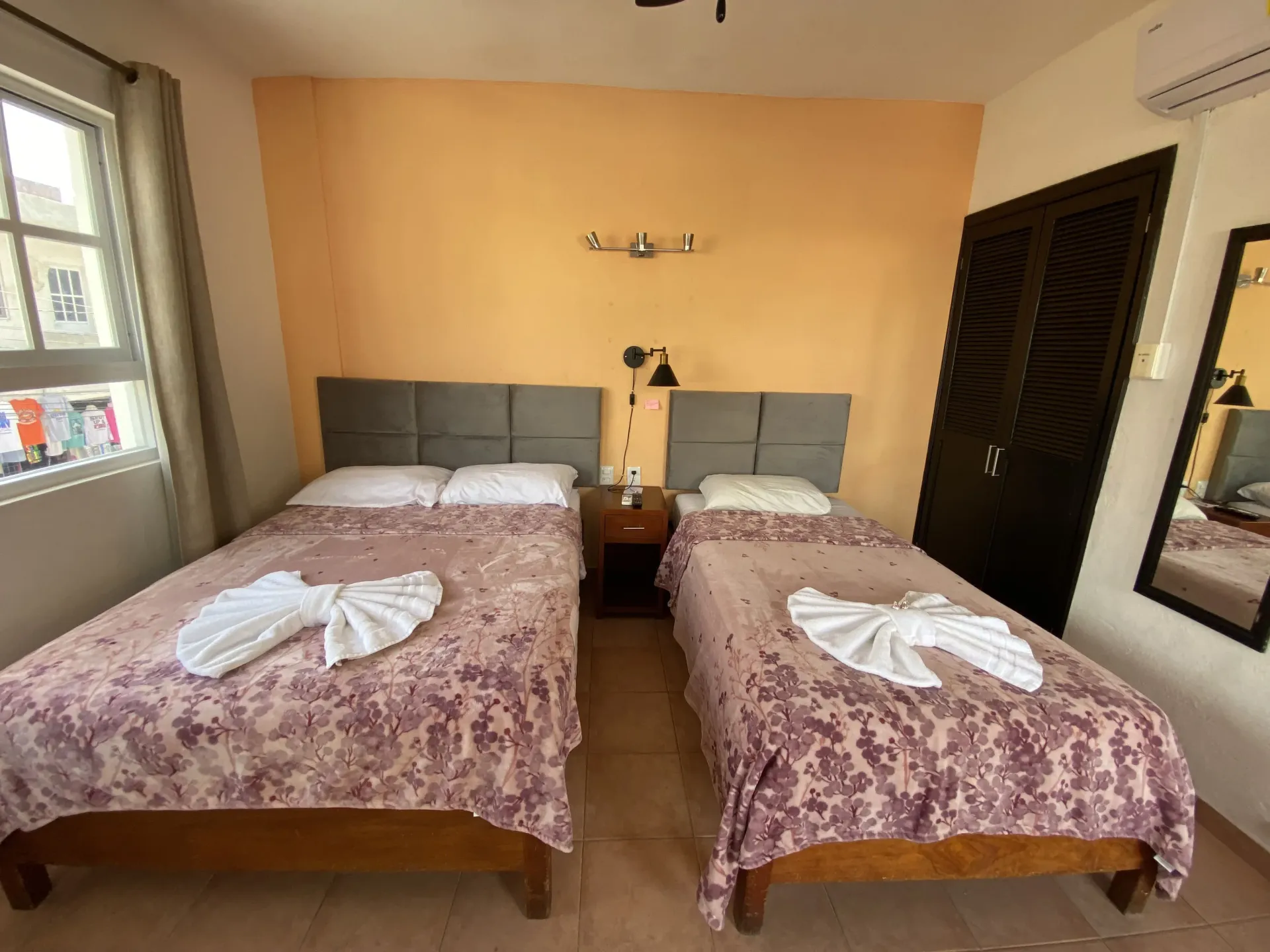 Habitación de hotel pequeña con dos camas individuales, colchas color malva y toallas dobladas cerca de una ventana.
