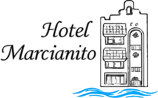 Logotipo del Hotel Marcianito con un edificio estilizado y olas azules.