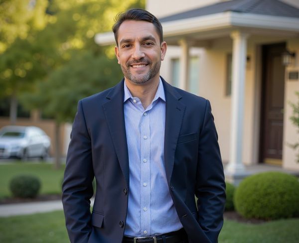 Man in suit stands outside a house, smiling with hands in pockets.