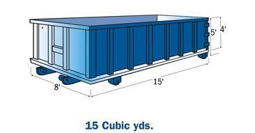A blue dumpster with measurements on a white background. 15 cubic