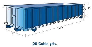 A blue dumpster with measurements on a white background. 20 cubic