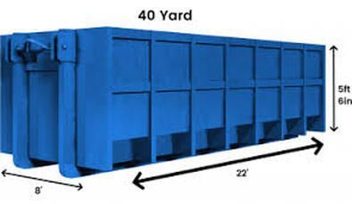 A blue dumpster with measurements on a white background. 40 cubic