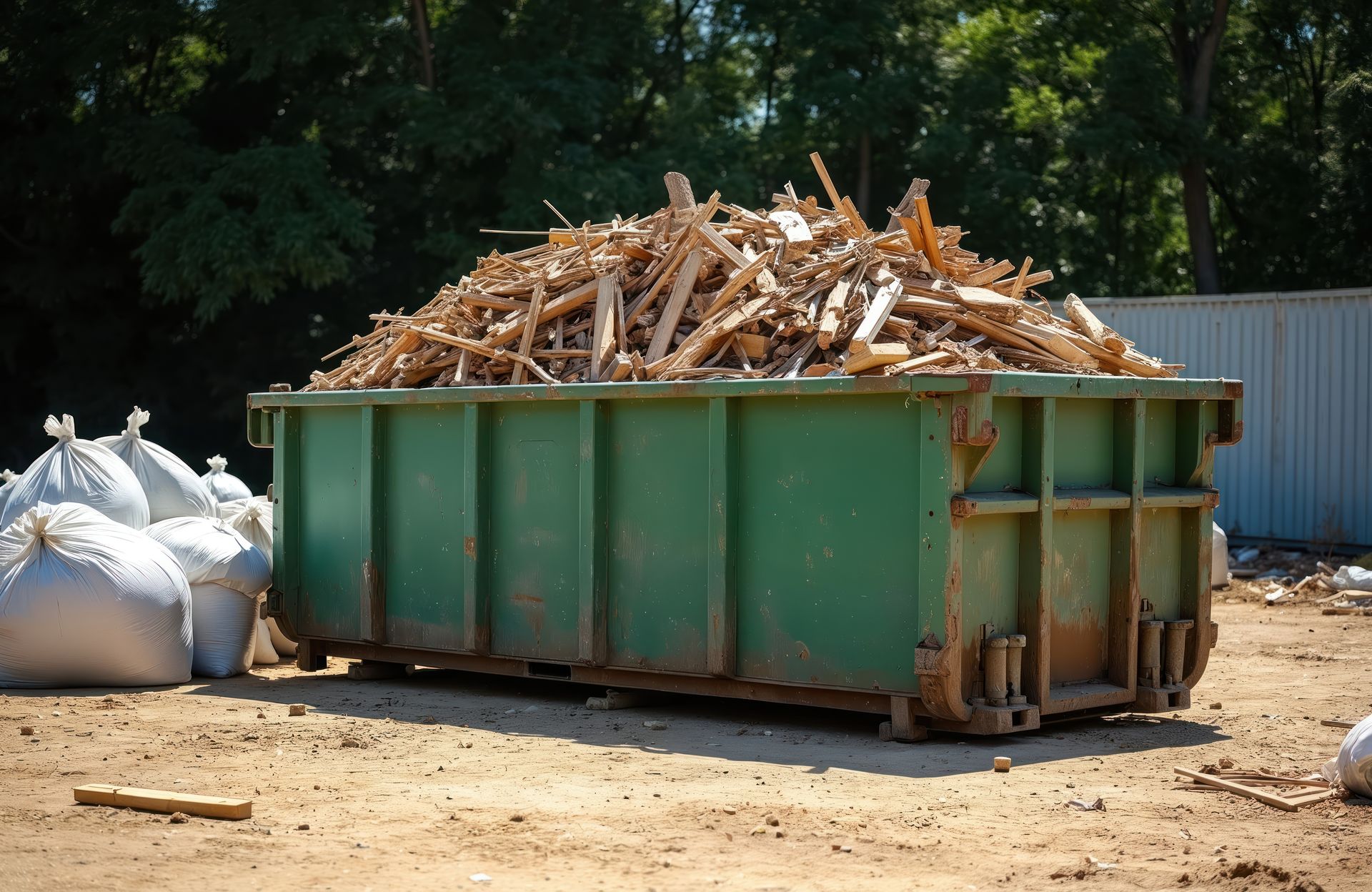 Green dumpster filled with wood debris at an outdoor work site.