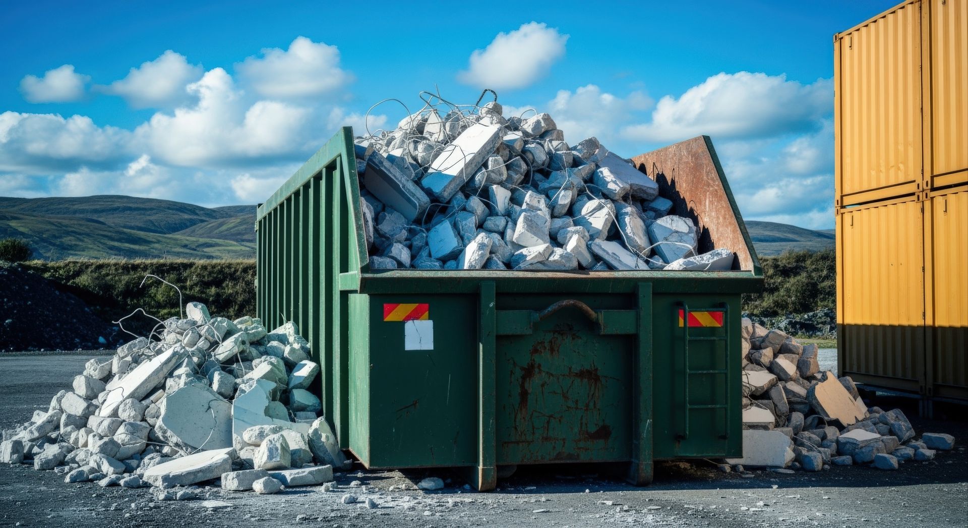 Large dumpster filled with broken concrete rubble at an outdoor work site. Large dumpster filled with broken concrete rubble at an outdoor work site.