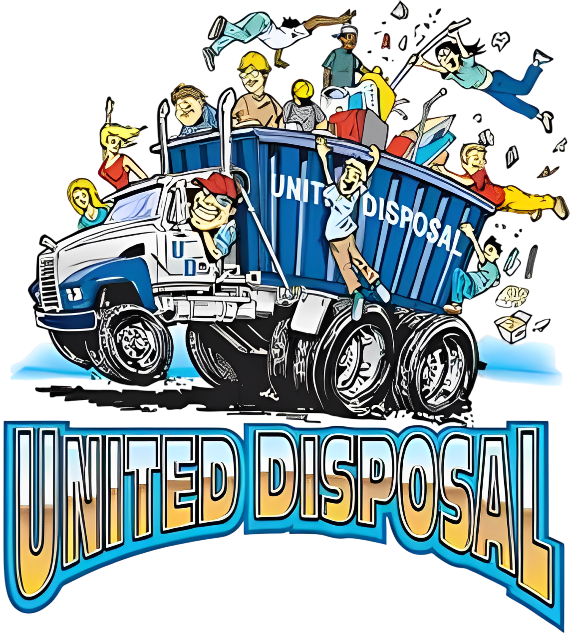 A cartoon illustration of a united disposal truck