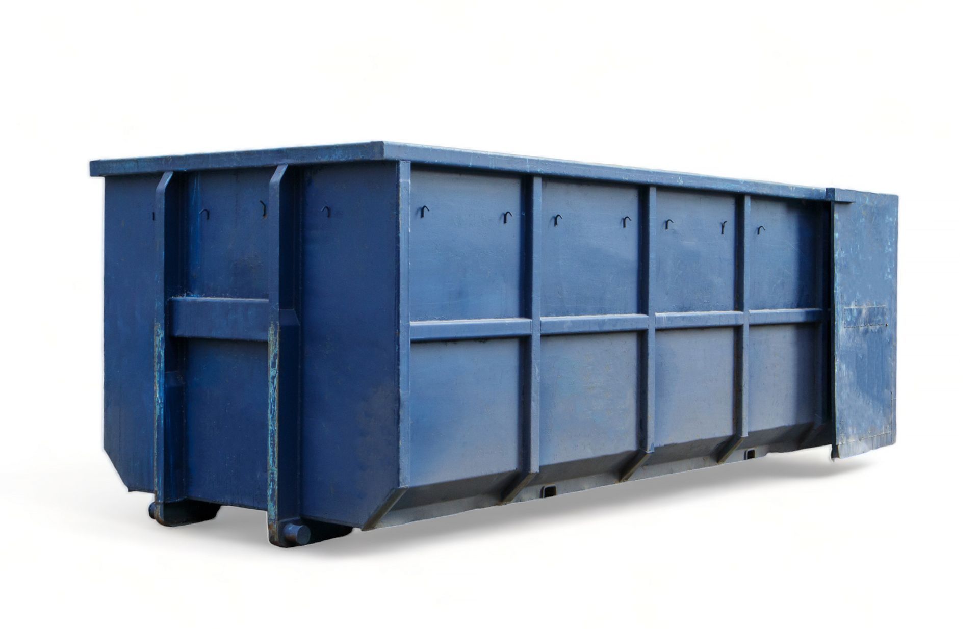 A large blue dumpster on a white background.