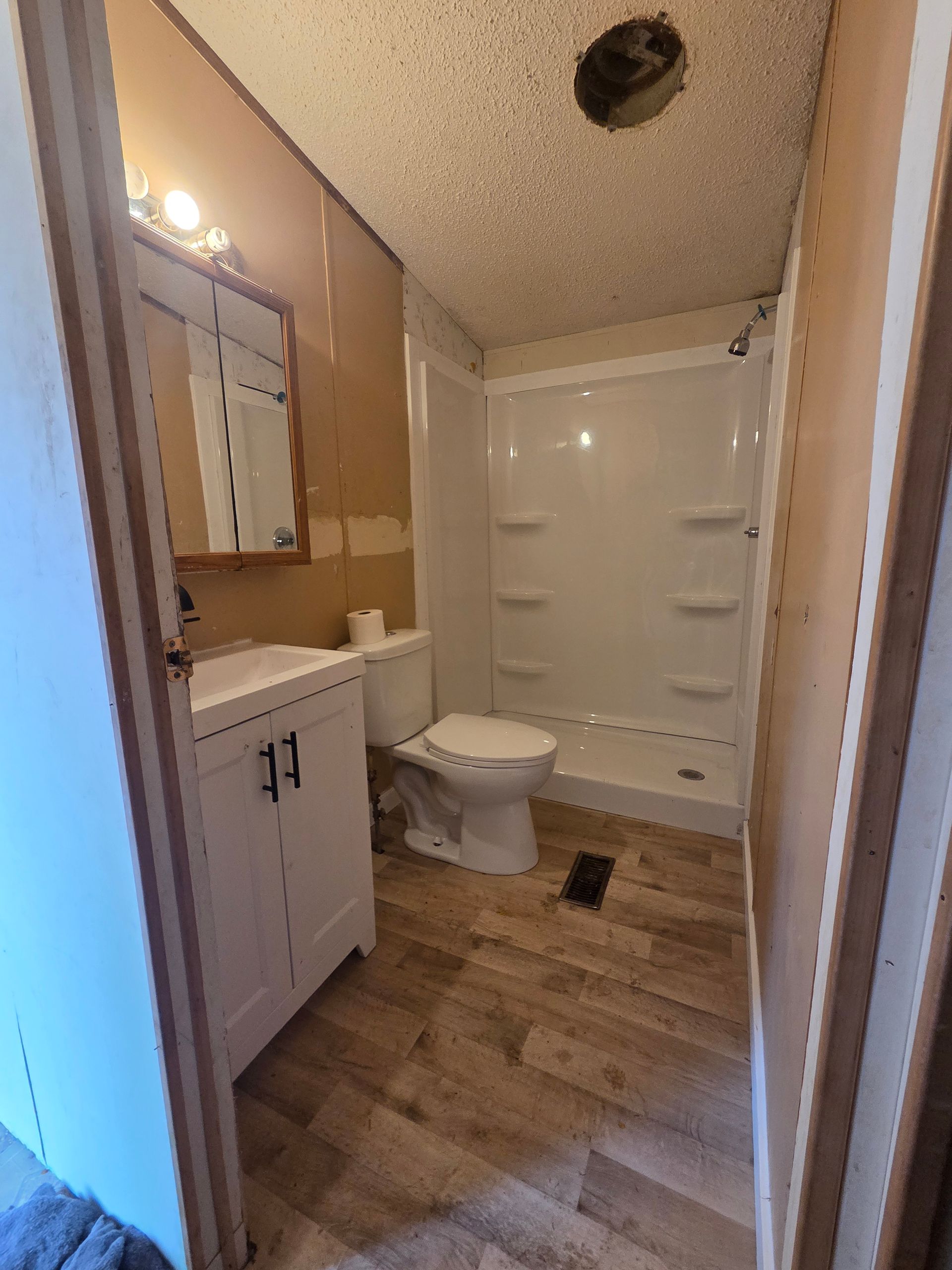 Small bathroom with sink vanity, toilet, shower tub, and wood-look flooring.