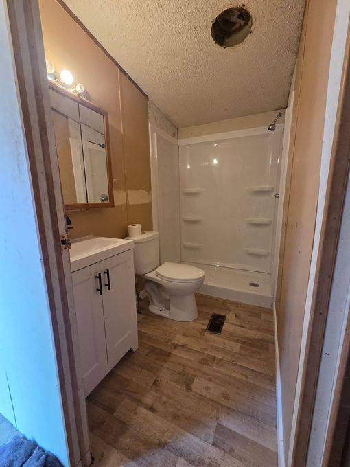 Small bathroom with sink vanity, toilet, shower tub, and wood-look flooring.