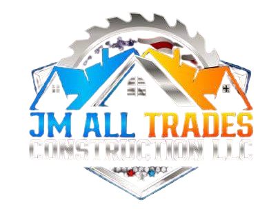 JM All Trades Construction LLC logo with house roof, saw blade, and blue-orange text