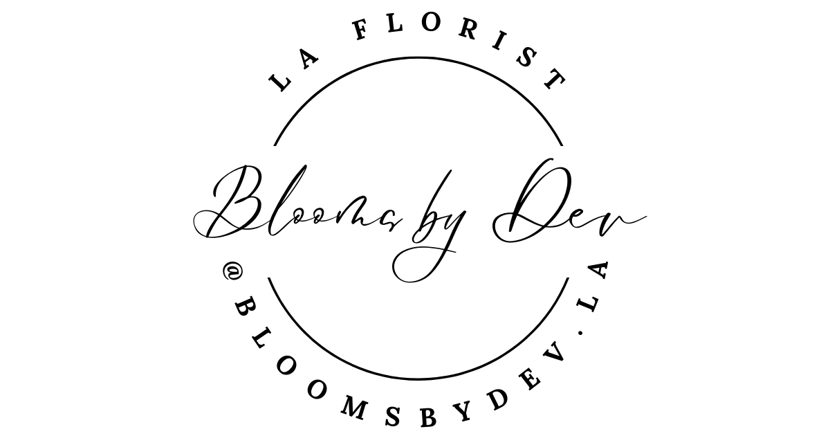 A black and white logo for a florist called blooms by dev.