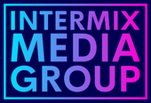 The logo for the intermix media group is blue and pink.