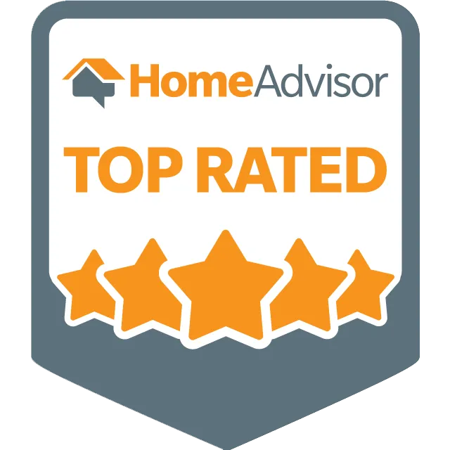 HomeAdvisor Top Rated badge: gray and white shield with orange text and five stars.