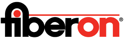 Fiberon logo: Black text with a red dot and "on" in red, with a red line above and "®".