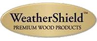 WeatherShield logo on an oval background. Text says "WeatherShield" and "PREMIUM WOOD PRODUCTS".