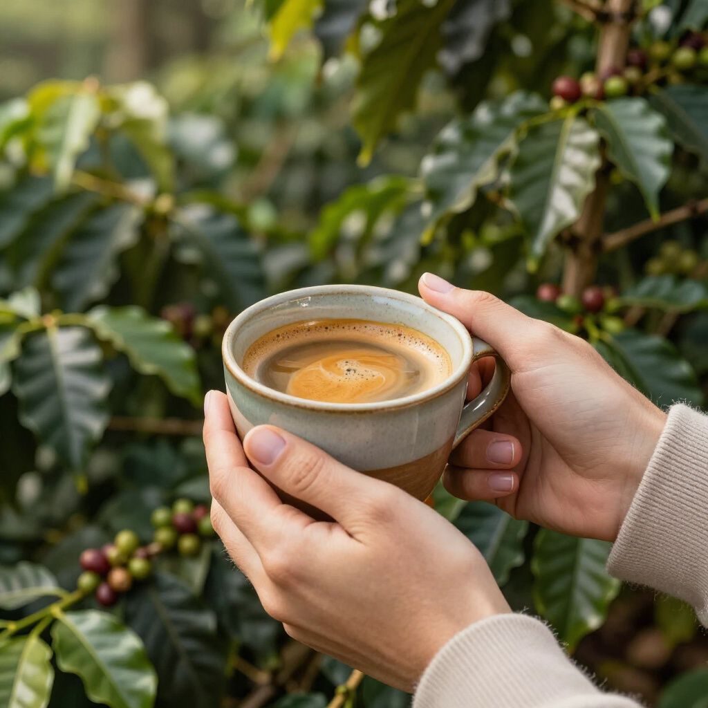 Hands holding a mug of coffee in front of a coffee plant, rich brown liquid.