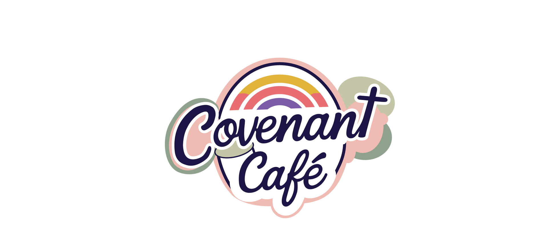 Logo for Covenant Café: Text with a rainbow and cloud accents.