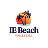 IE Beach Volleyball logo with sunset, palm trees, and waves in orange, blue, and white
