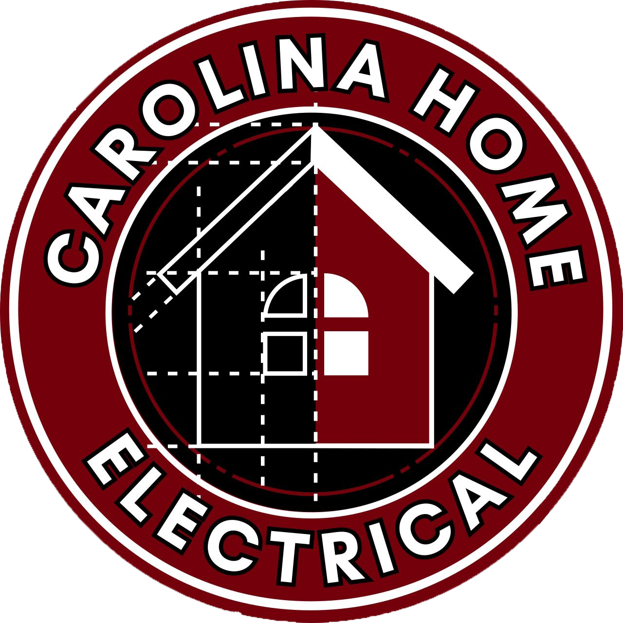 Logo: Carolina Home Electrical in a burgundy circle, with a house and blueprint design inside.