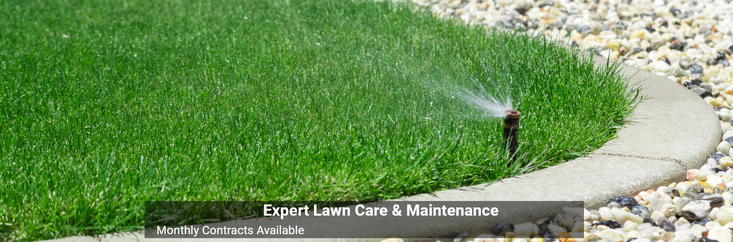 A sprinkler watering a lush green lawn bordered by a concrete edge and gravel, with text advertising lawn care services.