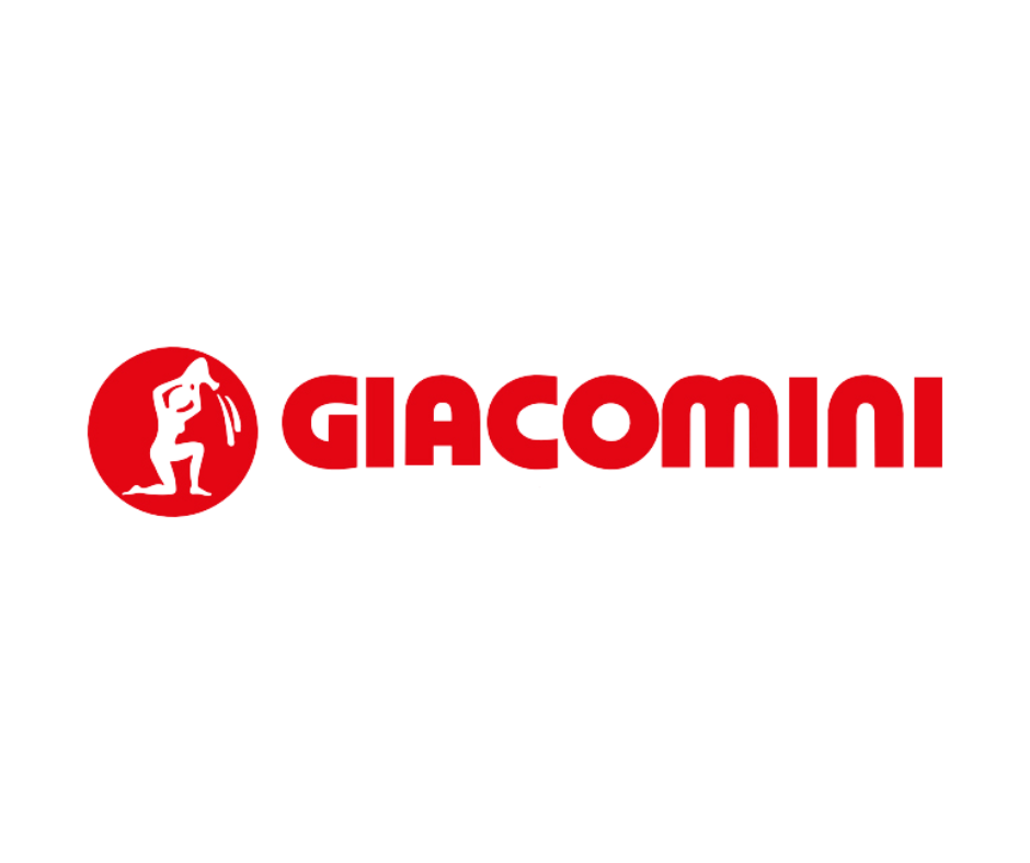 Un logotipo rojo y blanco para Giacomini con un hombre en un círculo rojo.