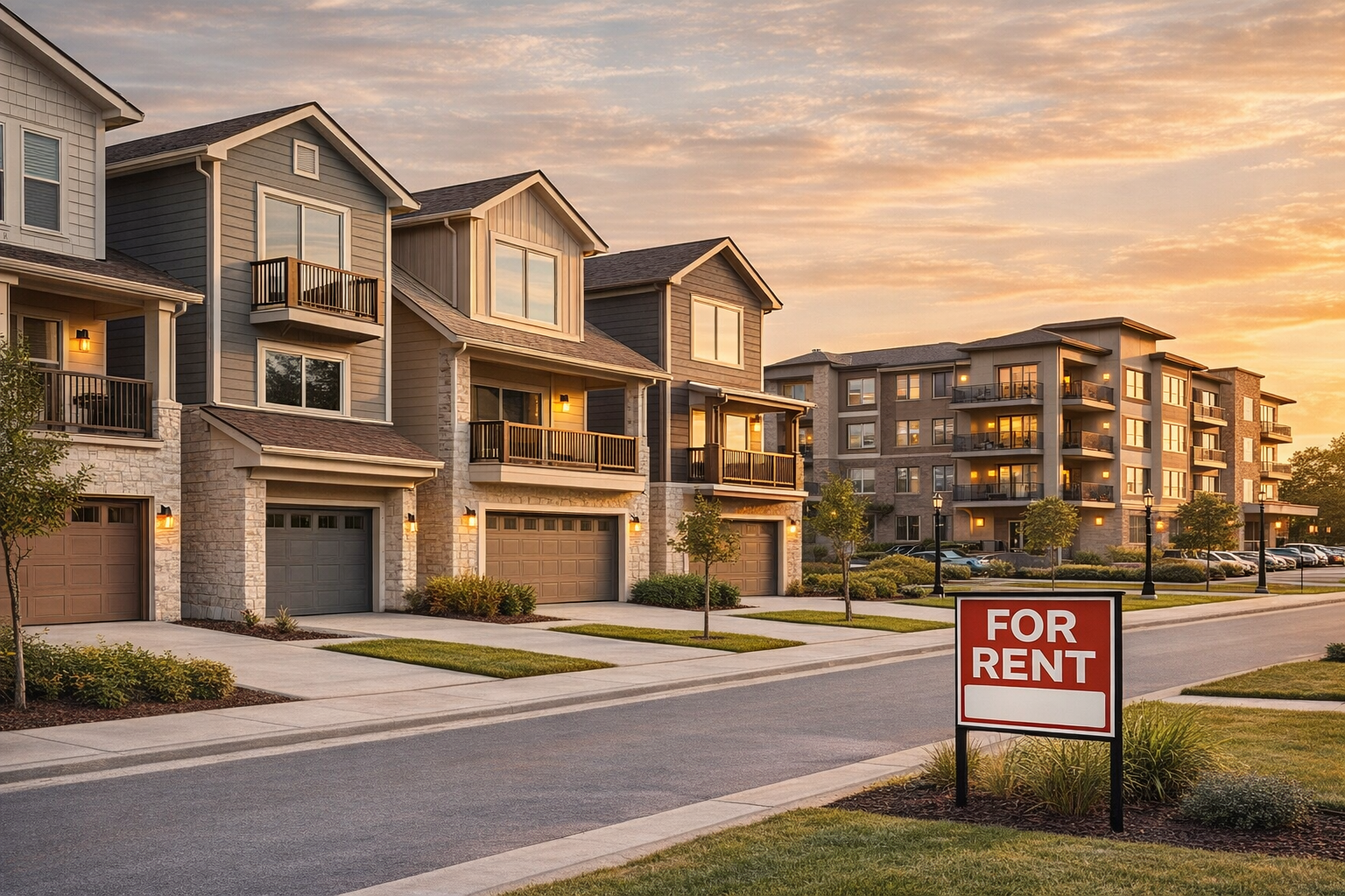 Row of townhouses and an apartment building, with a
