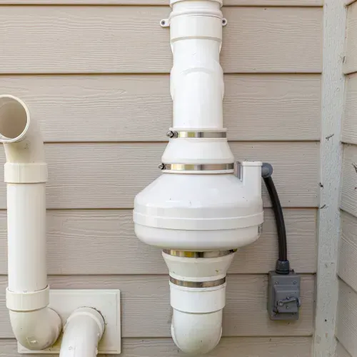 A white pipe is attached to the side of a house.