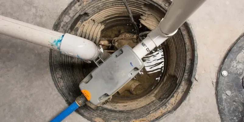 A close up of a sump pump with a hose attached to it.