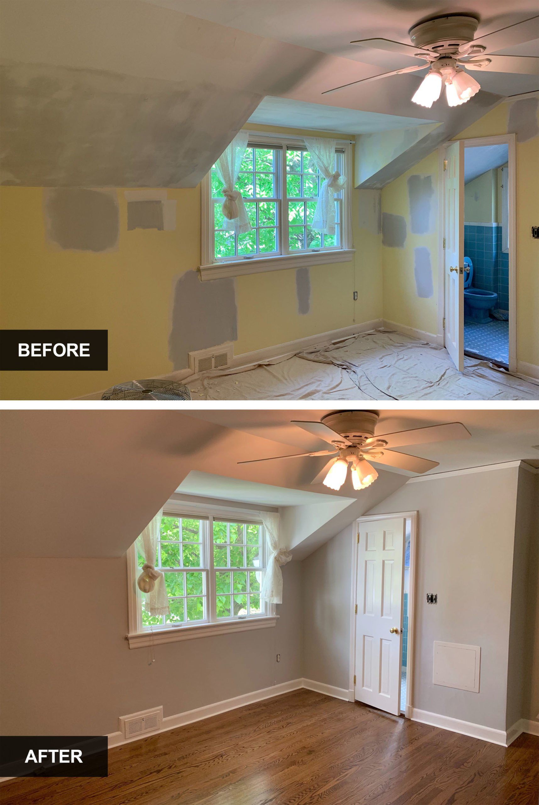 Before-and-after bedroom renovation: damaged room transformed into bright space with wood floors and white trim.