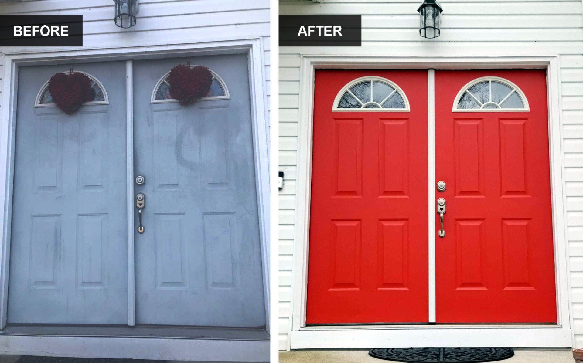 Before-and-after of double front doors: faded blue doors replaced with bright red doors.