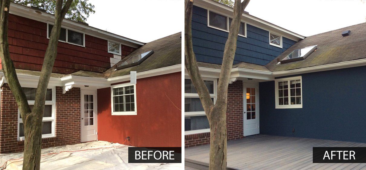 Before-and-after view of a house exterior repainted from red to dark blue.