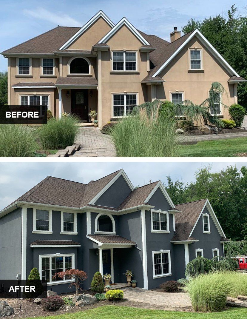 Before-and-after view of a house exterior, changing from beige to dark gray siding and trim.