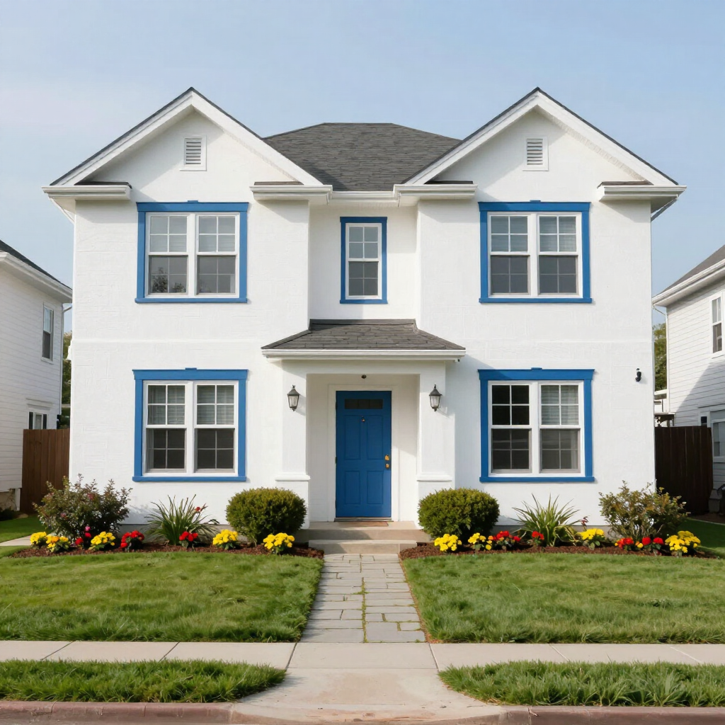 White two-story house with blue trim, a blue front door, and a landscaped front lawn.