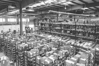 LOGISTIEK Groot magazijn vol gestapelde kartonnen dozen op schappen en pallets onder industriële verlichting.