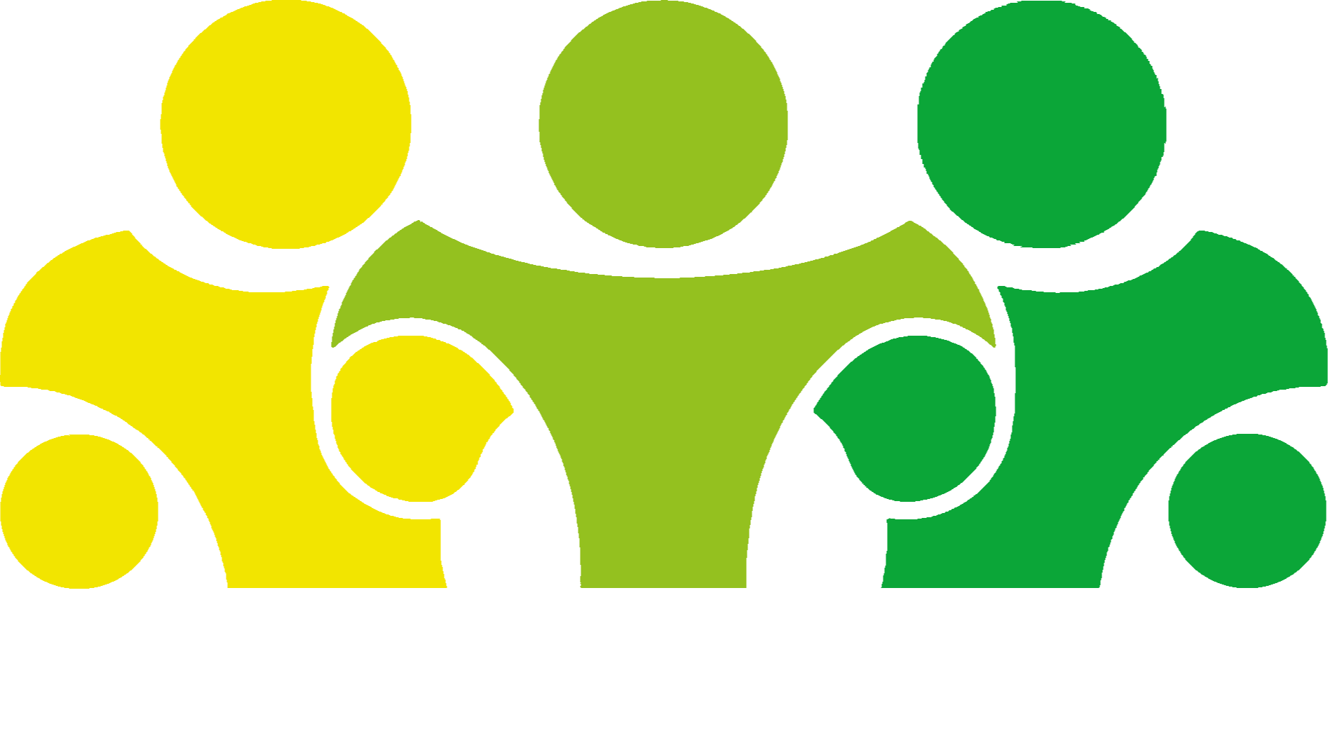 Drie abstracte mensfiguren in geel, groen en donkergroen met verbonden cirkels, die teamwerk of eenheid suggereren.