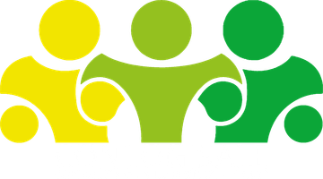 Drie abstracte mensfiguren in geel, groen en donkergroen met verbonden cirkels, die teamwerk of eenheid suggereren.